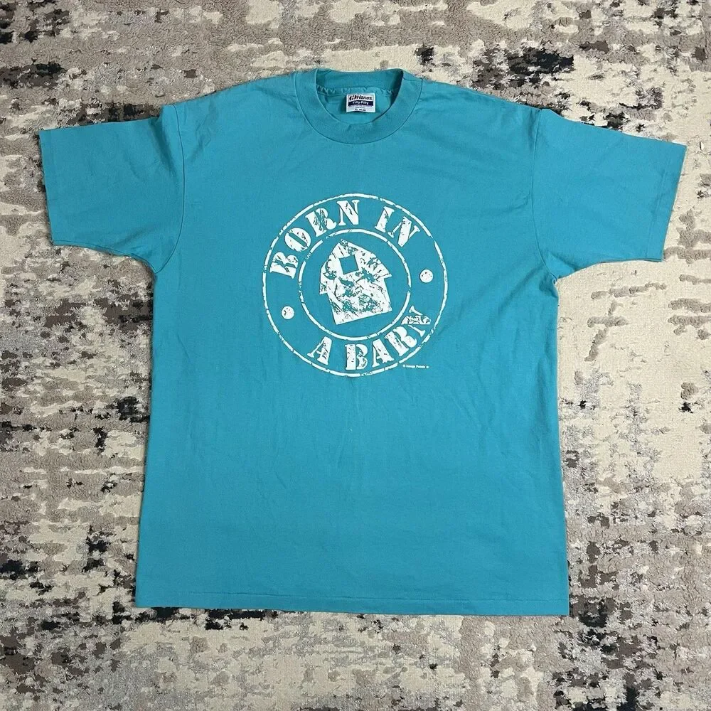 Vintage Hanes Single Stitch T Shirt Men Sz XL Made In USA Funny Born In A Barn - Picture 1 of 9